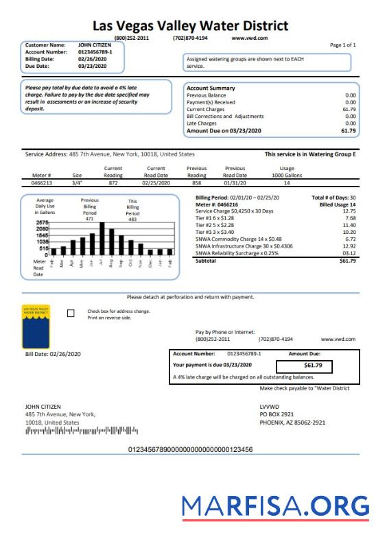 Blank USA Las Vegas Valley Water District (LVVWD) utility bill template in Word and PDF format